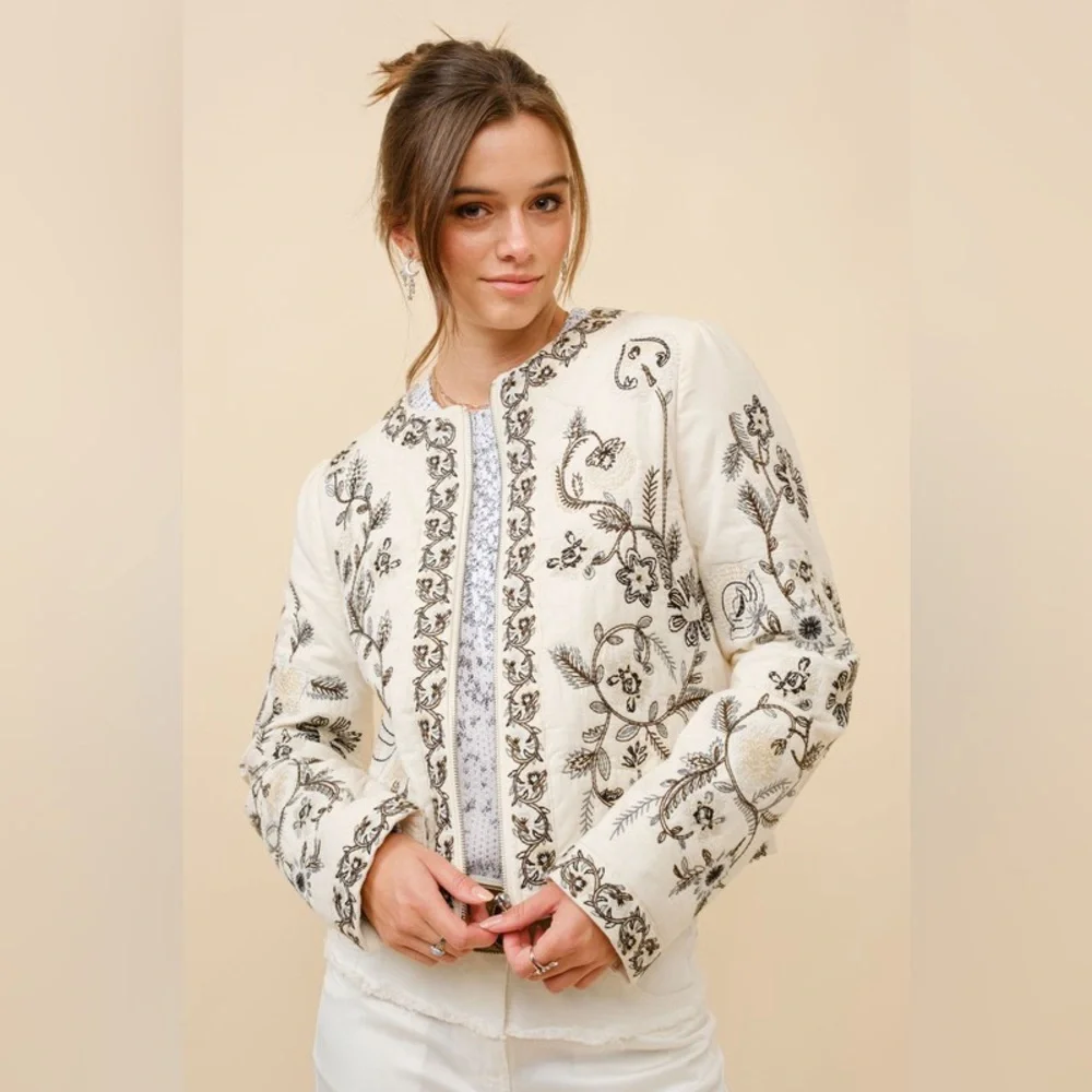 Pre loved Embroidered Zip Up Jacket in Vanilla Black - Picture 3 of 7